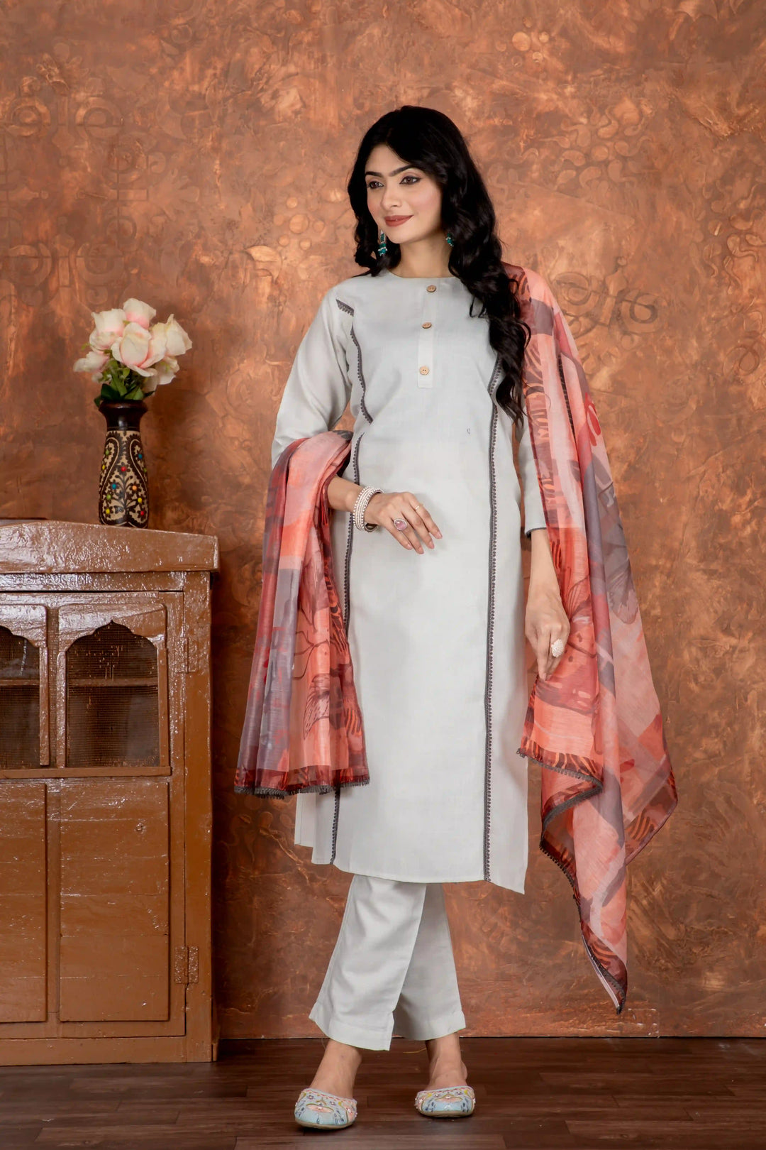 Light Gray Cotton Slub Dress | Paired with Embellished Chanderi Cotton Dupatta