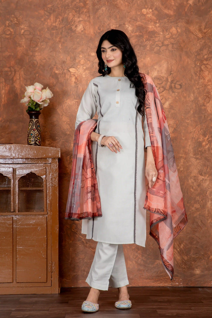 Light Gray Cotton Slub Dress | Paired with Embellished Chanderi Cotton Dupatta