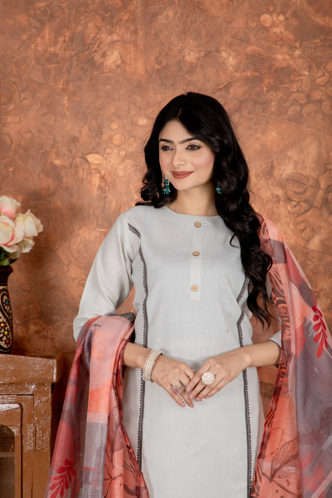 Light Gray Cotton Slub Dress | Paired with Embellished Chanderi Cotton Dupatta