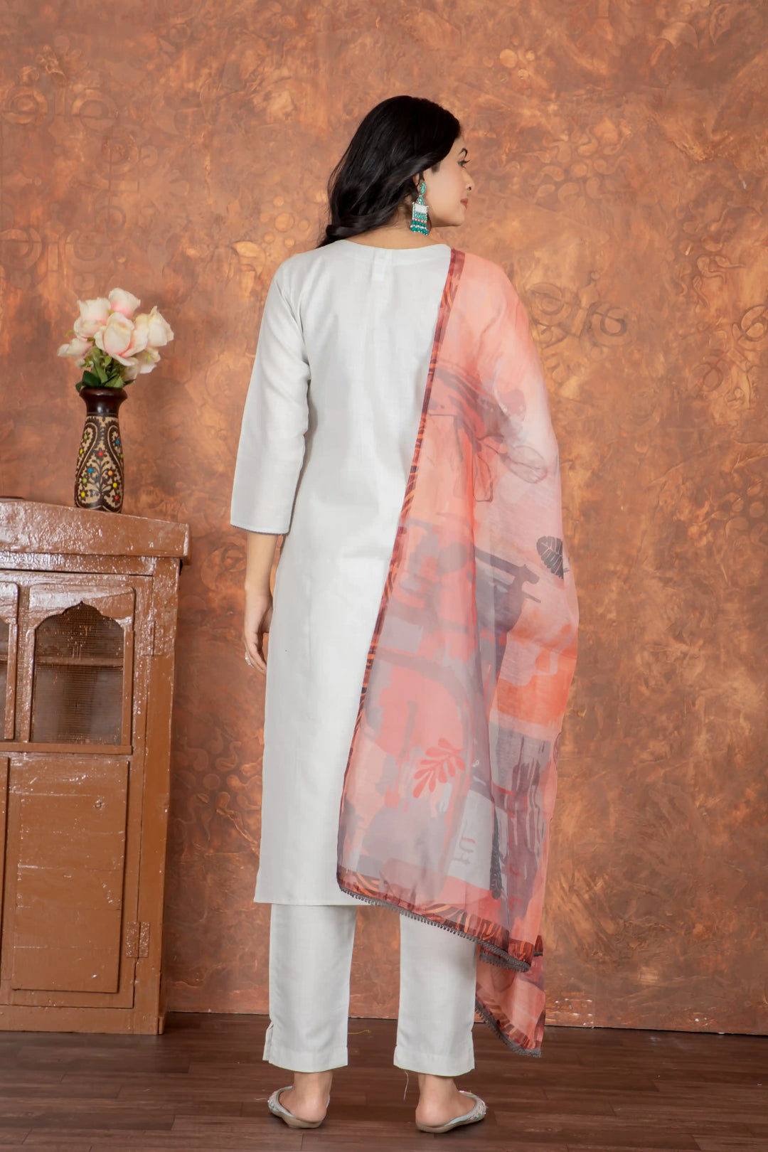 Light Gray Cotton Slub Dress | Paired with Embellished Chanderi Cotton Dupatta