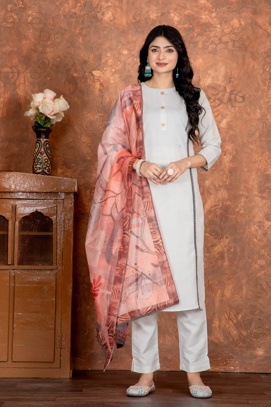 Light Gray Cotton Slub Dress | Paired with Embellished Chanderi Cotton Dupatta
