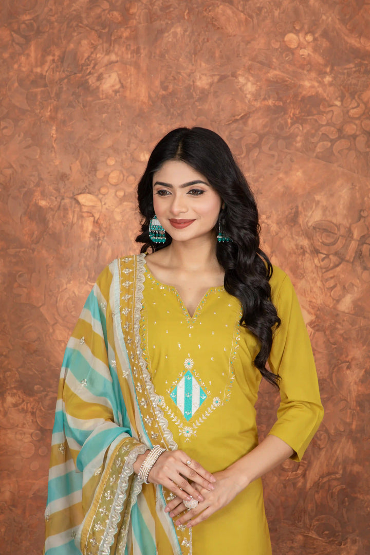 Mustard Embroidered Salwar Suit | Premium Chanderi Cotton Fabric