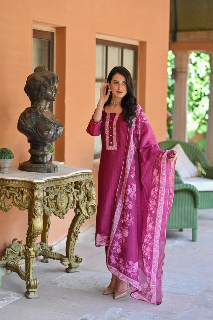 Partywear Embroidery Suit | Rayon Slub Top  Cotton Slub Bottom