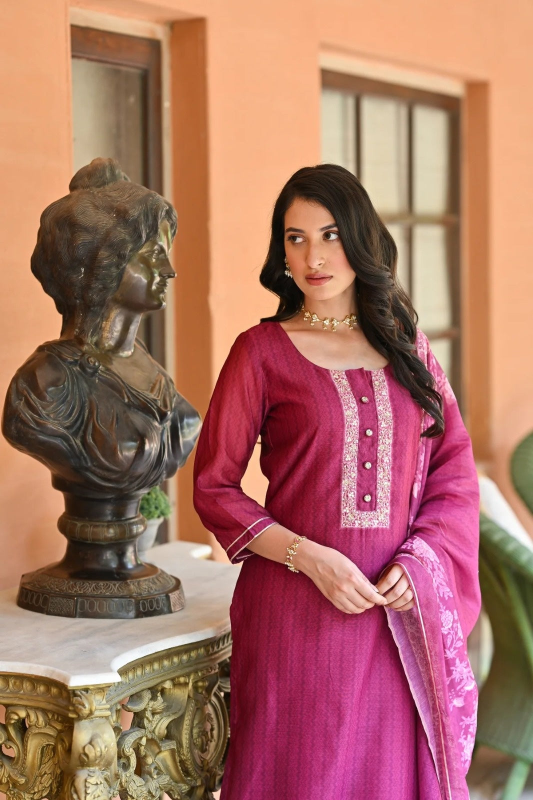 Partywear Embroidery Suit | Rayon Slub Top  Cotton Slub Bottom