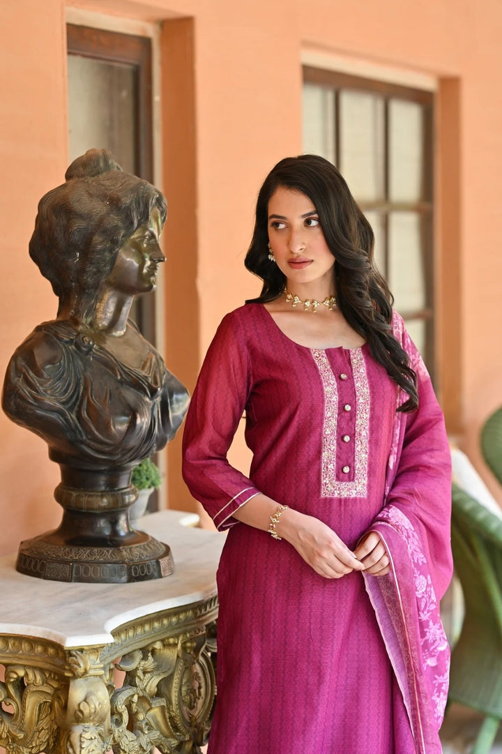 Partywear Embroidery Suit | Rayon Slub Top  Cotton Slub Bottom