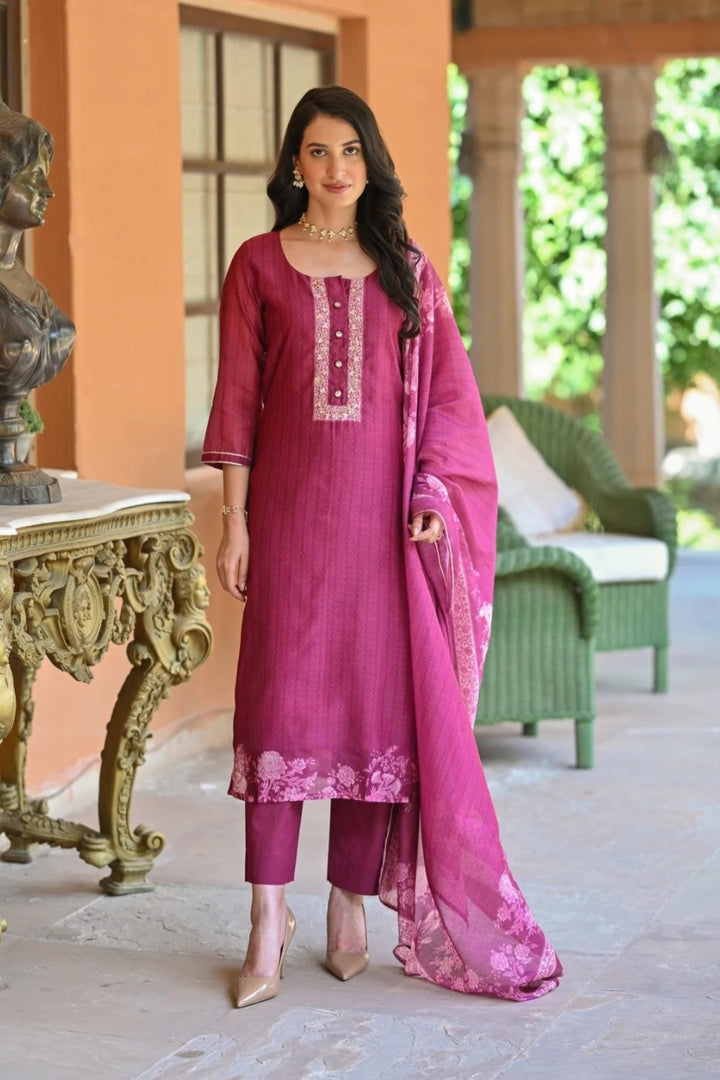 Partywear Embroidery Suit | Rayon Slub Top  Cotton Slub Bottom