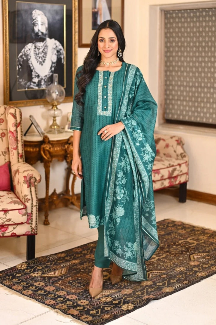 Partywear Embroidery Suit | Rayon Slub Top  Cotton Slub Bottom