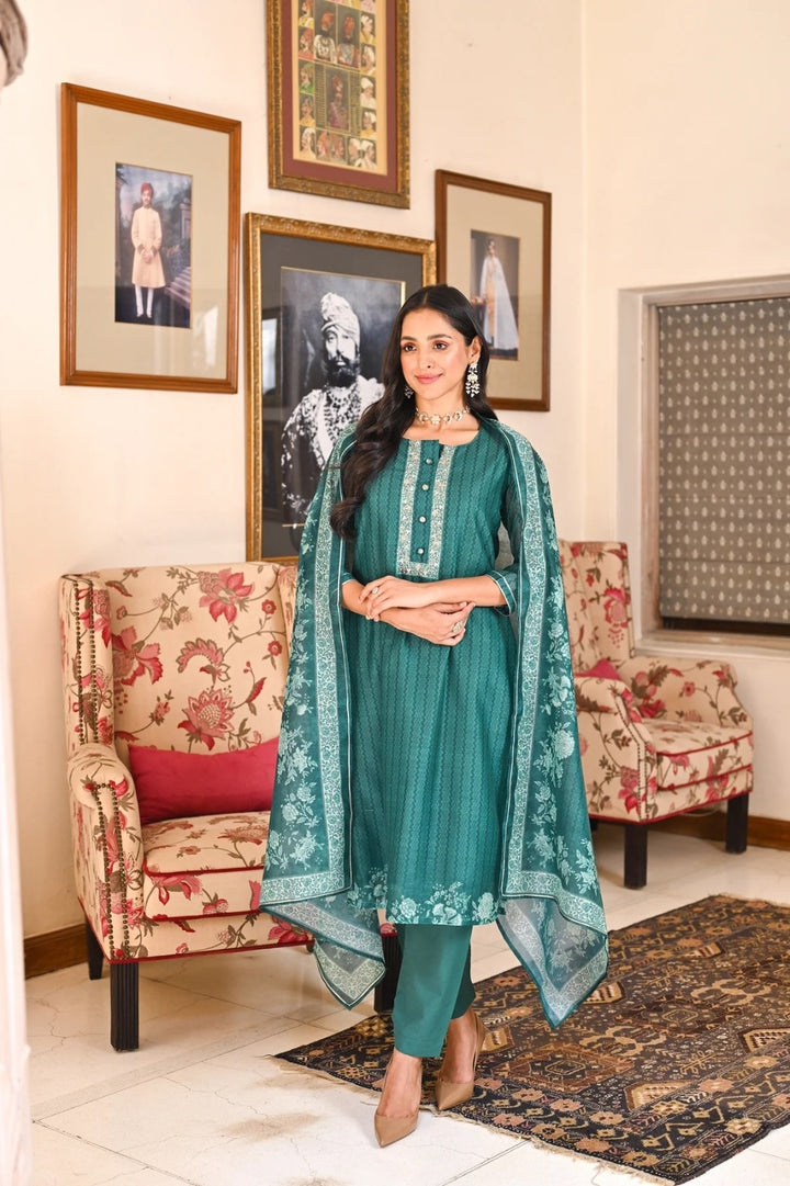 Partywear Embroidery Suit | Rayon Slub Top  Cotton Slub Bottom