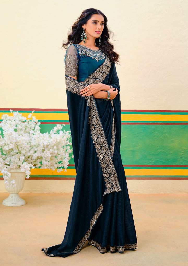 Teal Blue Designer Georgette Saree | Wevon Jari Work Ideal for Weddings & Parties