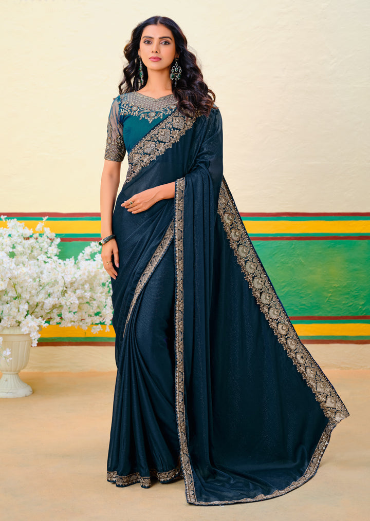 Teal Blue Designer Georgette Saree | Wevon Jari Work Ideal for Weddings & Parties