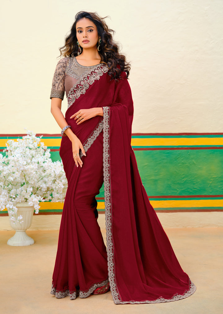 Embroidered Maroon Georgette Saree | Jari Work Stylish Party Outfit