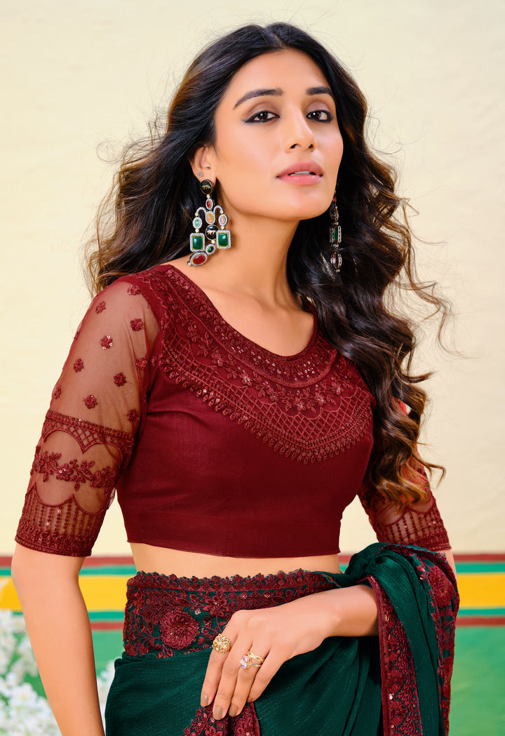Dark Green Georgette Jari Saree | Elegant Embroidery Work Wedding Wear