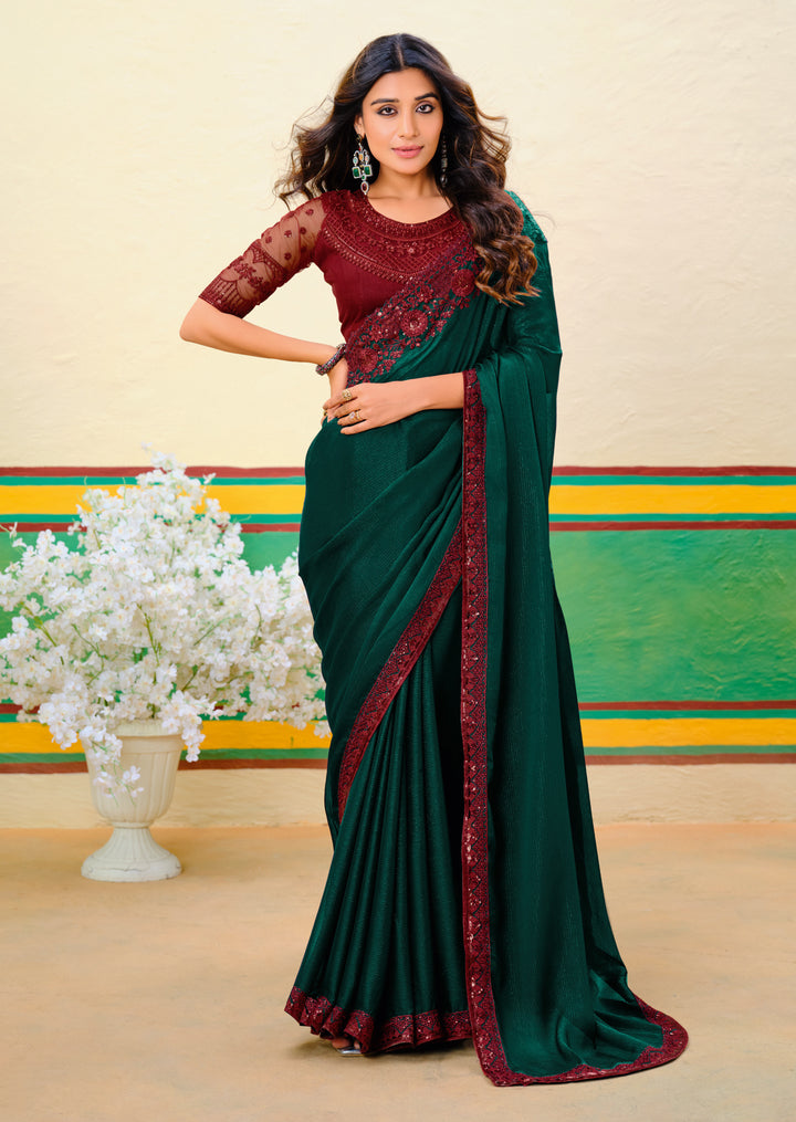 Dark Green Georgette Jari Saree | Elegant Embroidery Work Wedding Wear