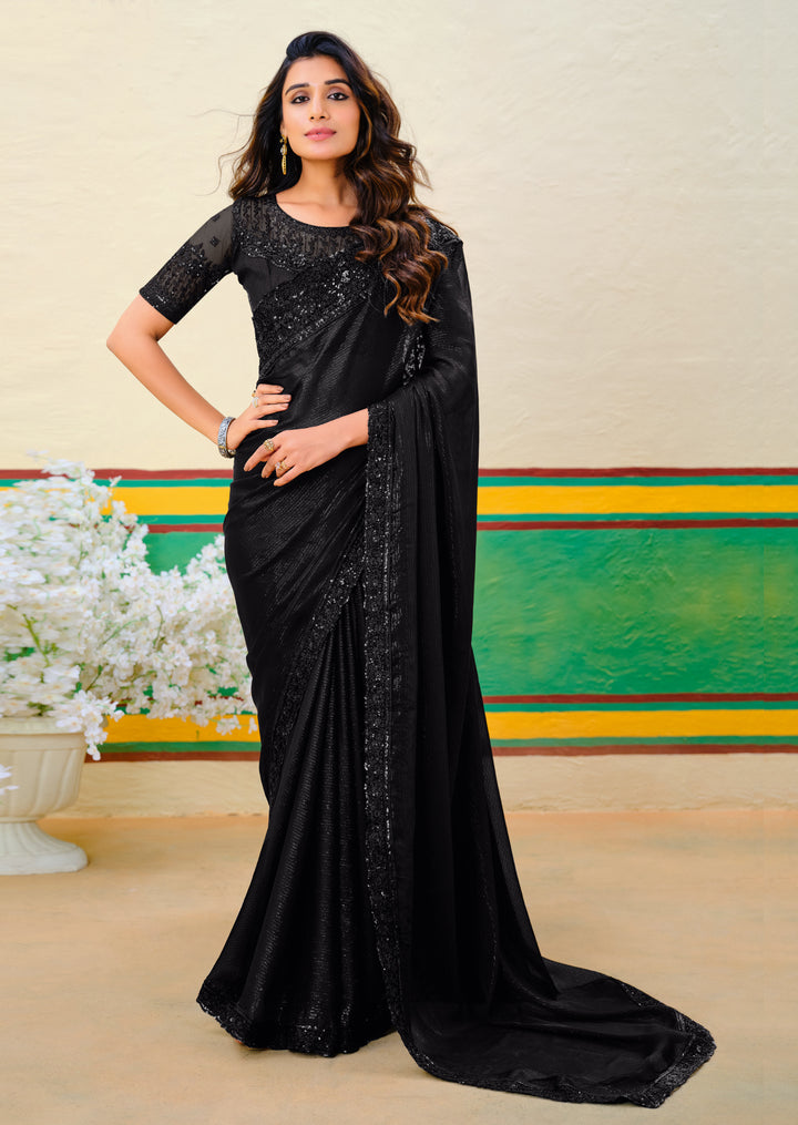 Embroidered Georgette Black Saree | Jari Work Stylish Party Outfit