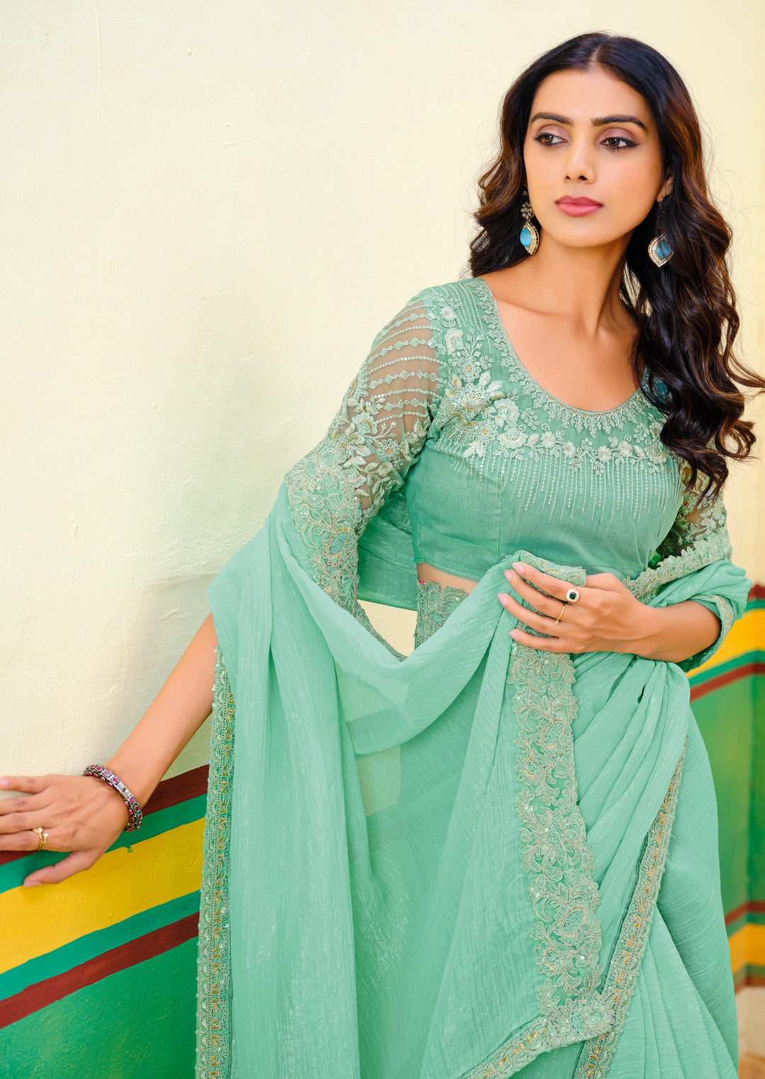 Designer Sea Green Saree | Georgette Jari Weaving Festive & Traditional Look