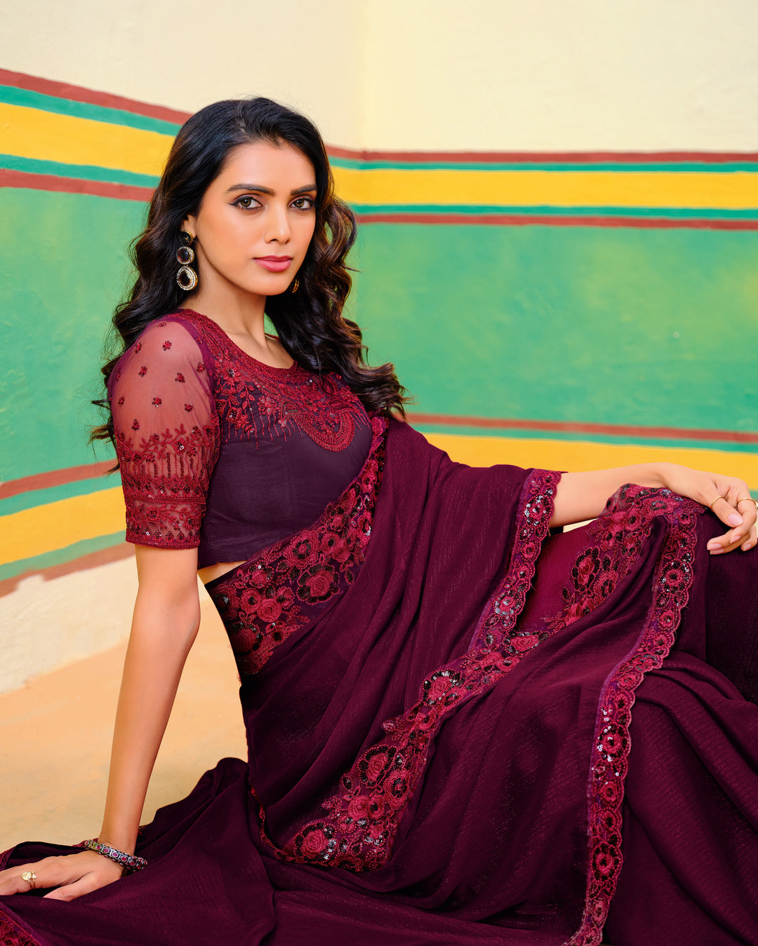 Wine Georgette Jari Saree | Elegant Embroidery Party & Wedding Wear