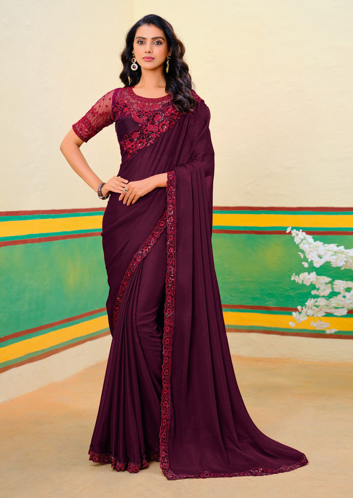 Wine Georgette Jari Saree | Elegant Embroidery Party & Wedding Wear