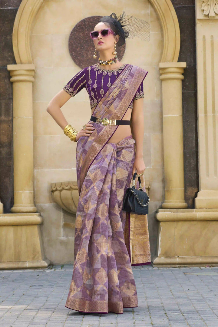 Designer Wevon Embroidery Saree | Stunning Purple Jacquard Silk Drape