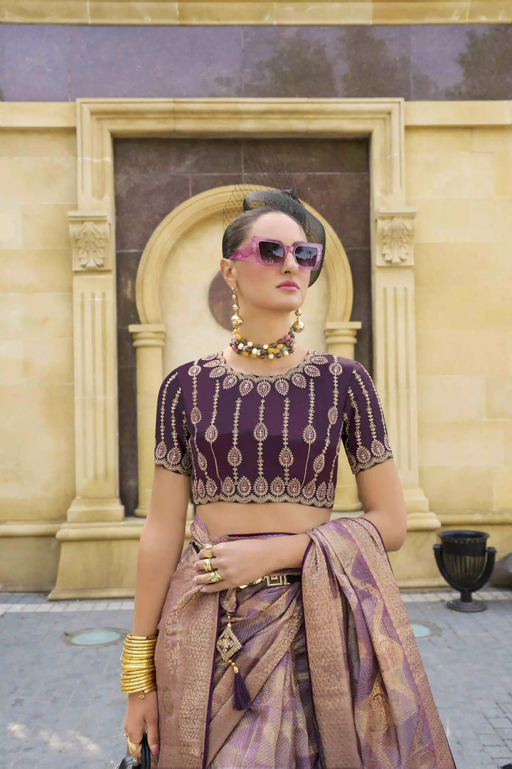 Designer Wevon Embroidery Saree | Stunning Purple Jacquard Silk Drape