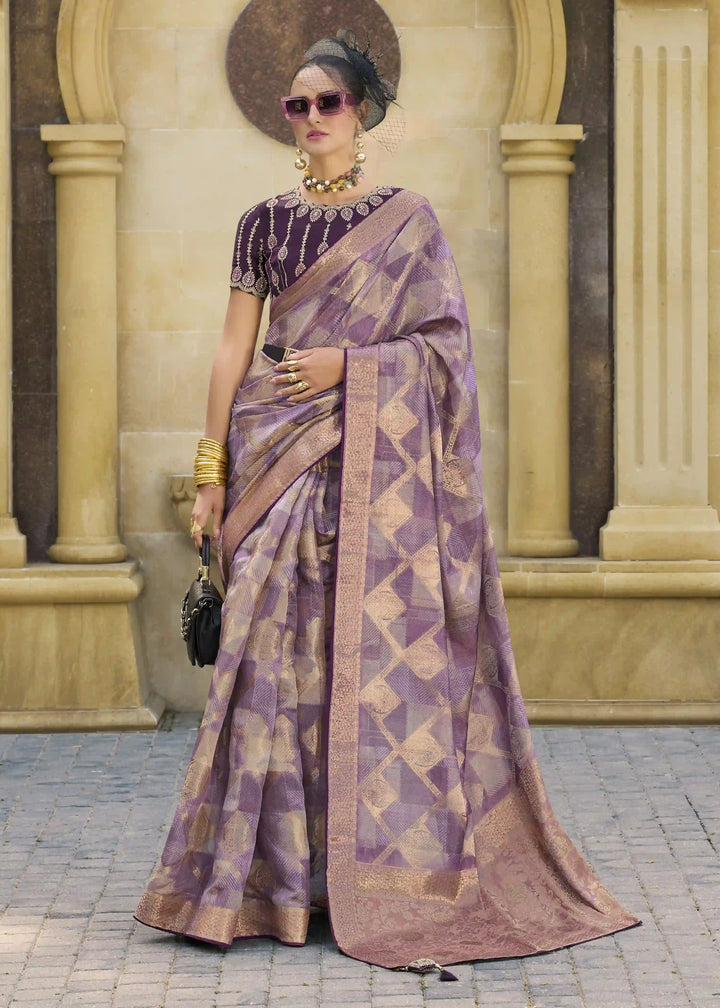 Designer Wevon Embroidery Saree | Stunning Purple Jacquard Silk Drape