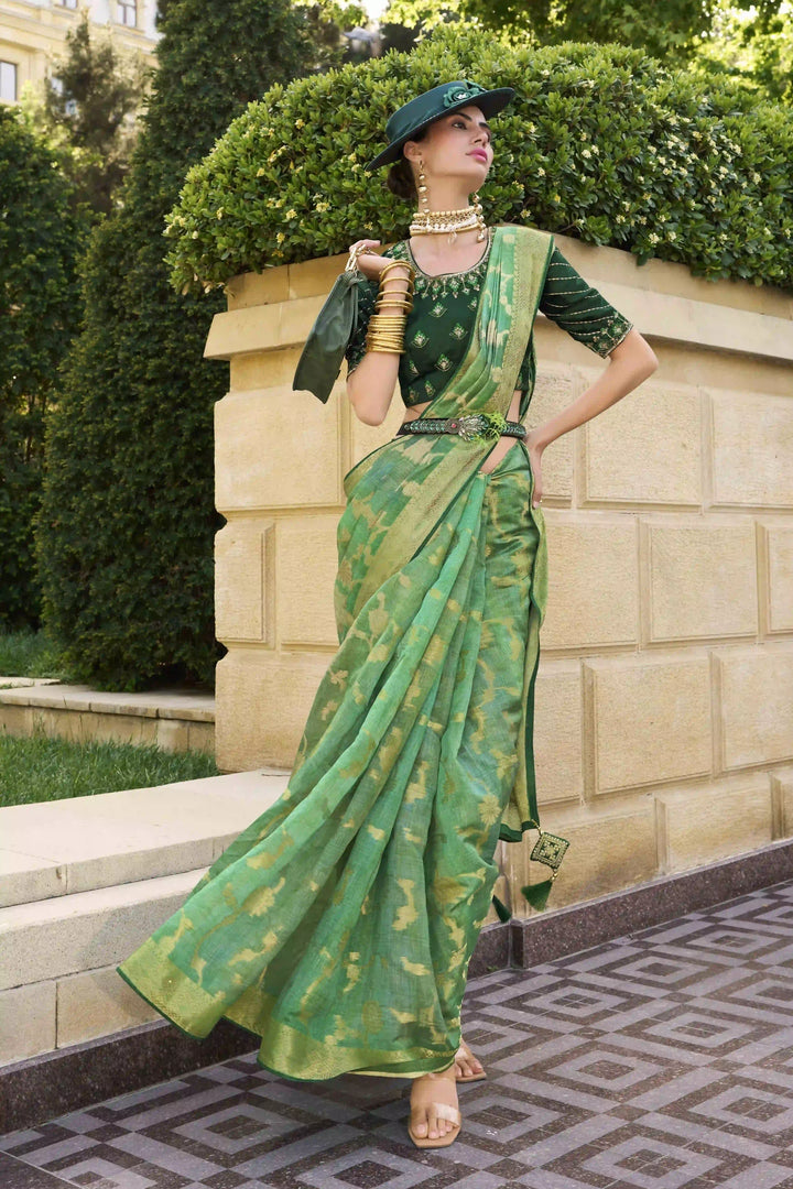 Green Jacquard Silk Saree | Wevon Embroidery Work & Silk Blend Blouse