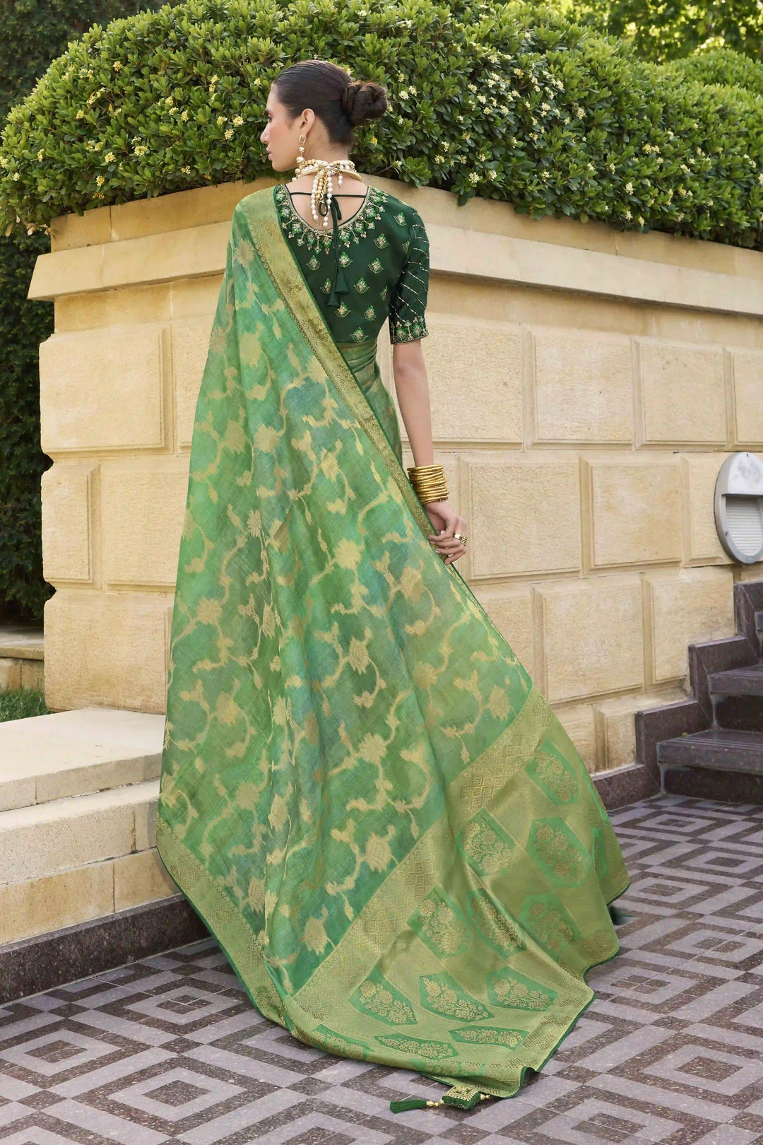 Green Jacquard Silk Saree | Wevon Embroidery Work & Silk Blend Blouse