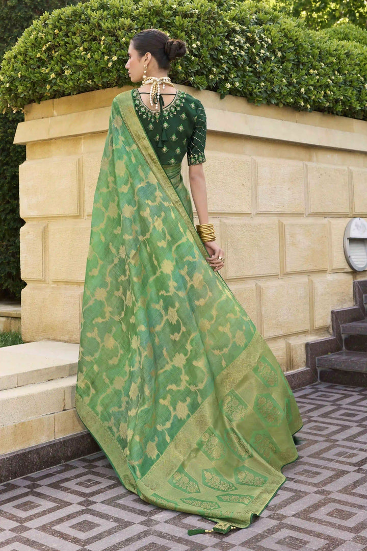 Green Jacquard Silk Saree | Wevon Embroidery Work & Silk Blend Blouse