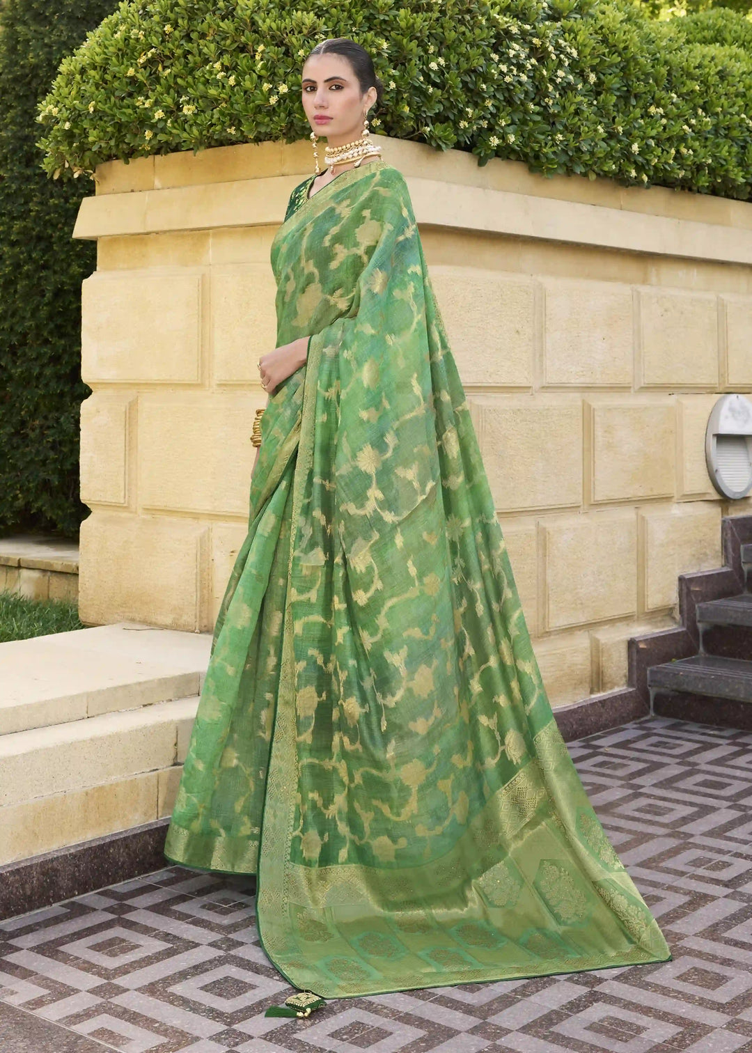 Green Jacquard Silk Saree | Wevon Embroidery Work & Silk Blend Blouse
