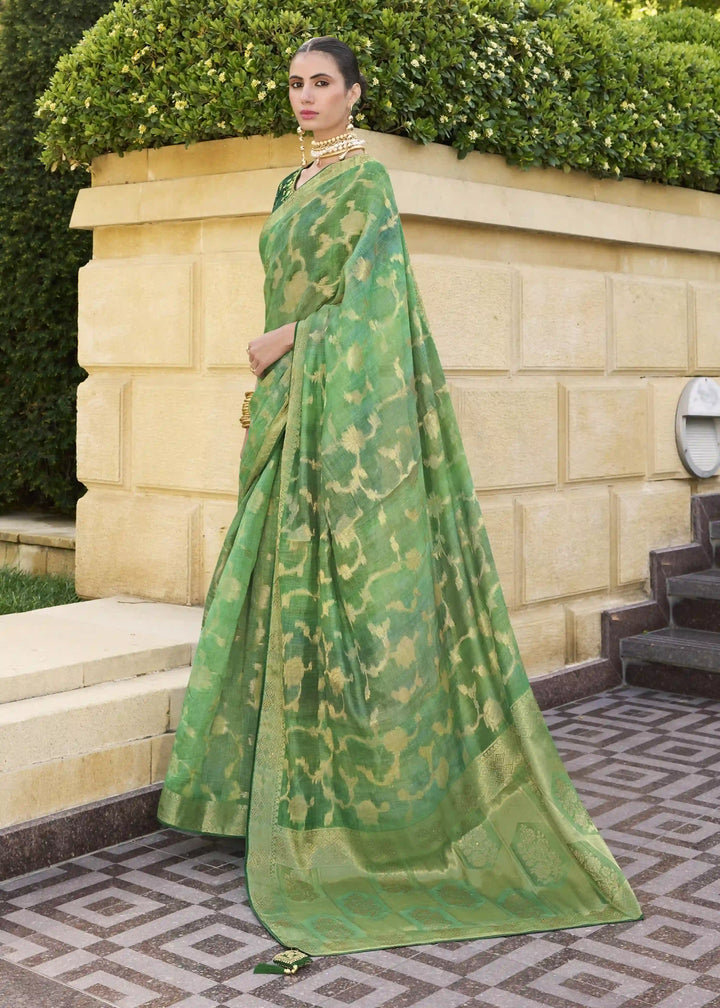 Green Jacquard Silk Saree | Wevon Embroidery Work & Silk Blend Blouse