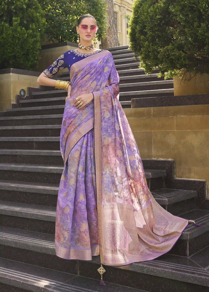 Stylish Lavender Silk Saree | Heavy Wevon Designer & Fancy Embroidery