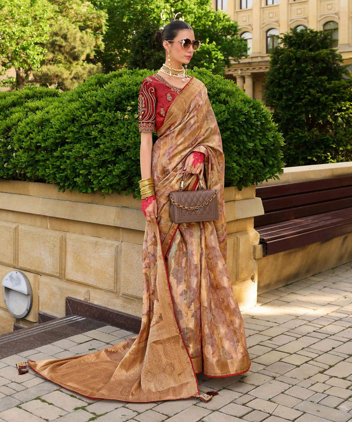 Party Wear Silk Saree | Rust Jacquard Silk with Embroidered Blouse