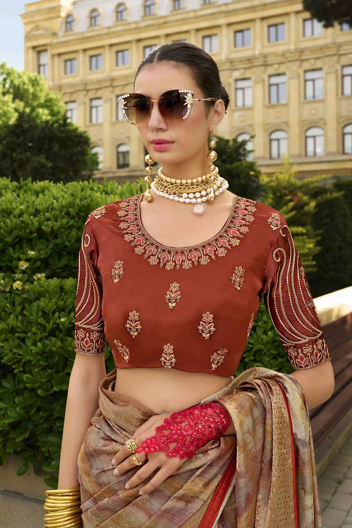 Party Wear Silk Saree | Rust Jacquard Silk with Embroidered Blouse