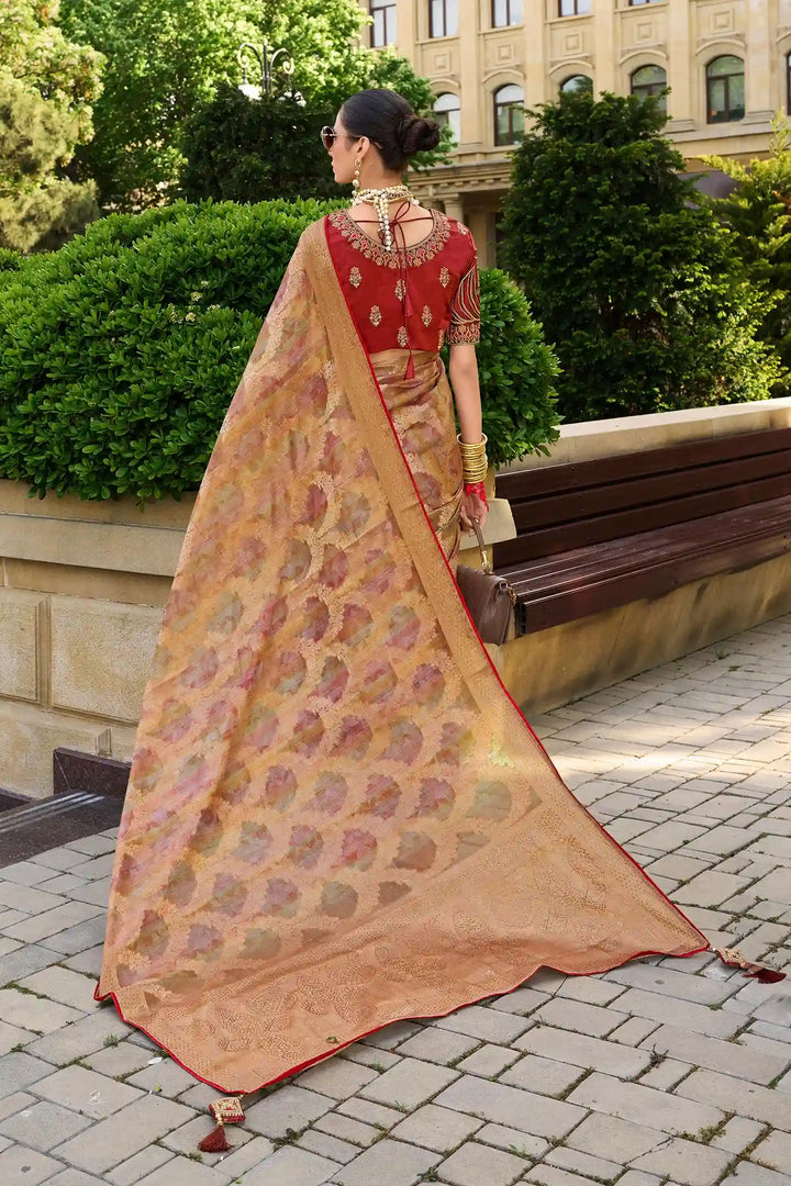 Party Wear Silk Saree | Rust Jacquard Silk with Embroidered Blouse