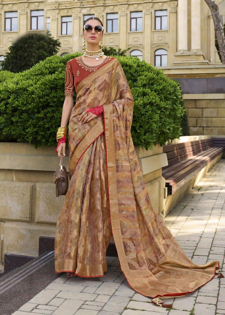 Party Wear Silk Saree | Rust Jacquard Silk with Embroidered Blouse