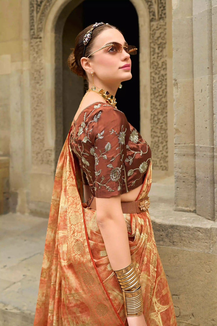 Traditional Light Orange Saree | Heavy Embroidery Silk Blend Blouse