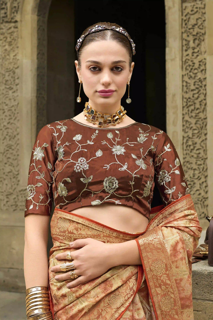 Traditional Light Orange Saree | Heavy Embroidery Silk Blend Blouse