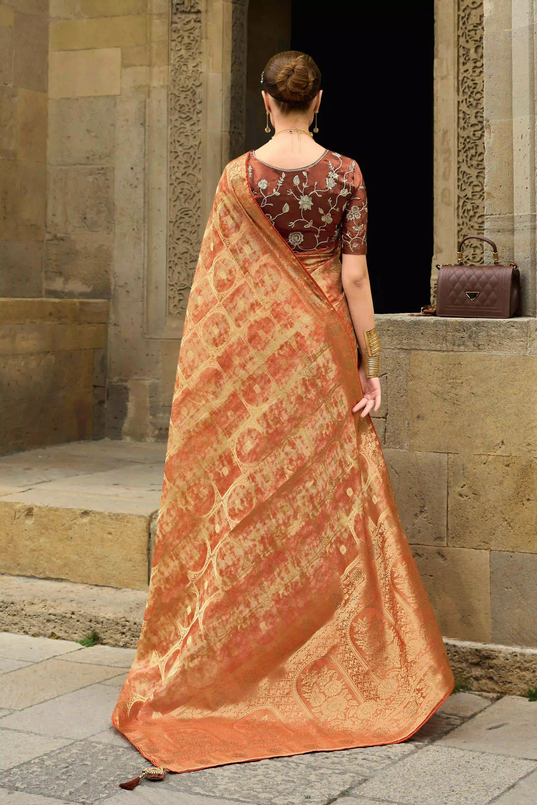 Traditional Light Orange Saree | Heavy Embroidery Silk Blend Blouse