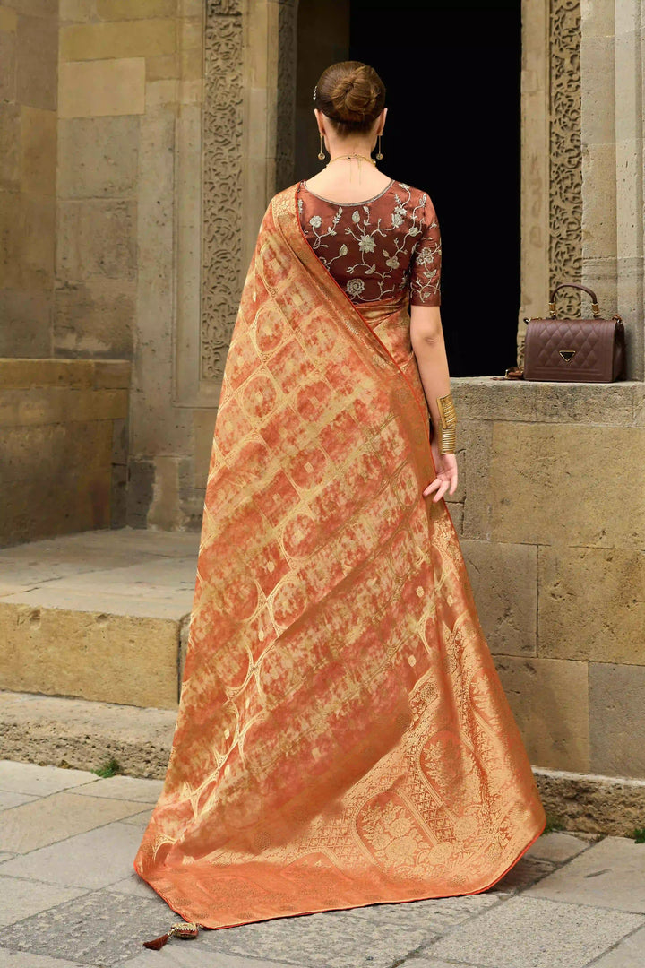 Traditional Light Orange Saree | Heavy Embroidery Silk Blend Blouse