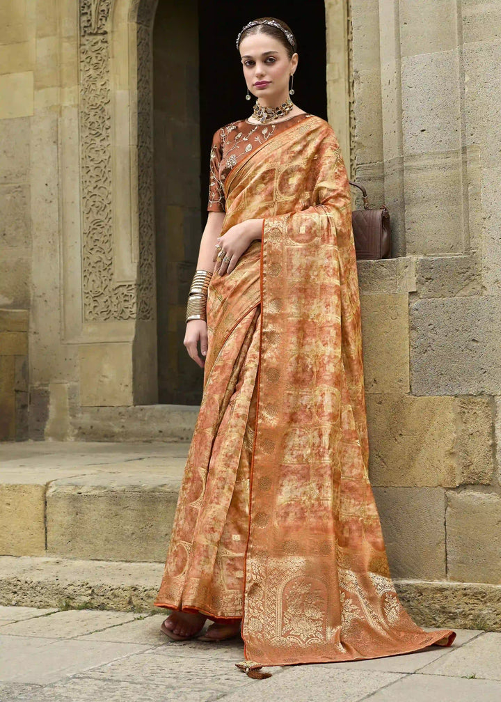Traditional Light Orange Saree | Heavy Embroidery Silk Blend Blouse