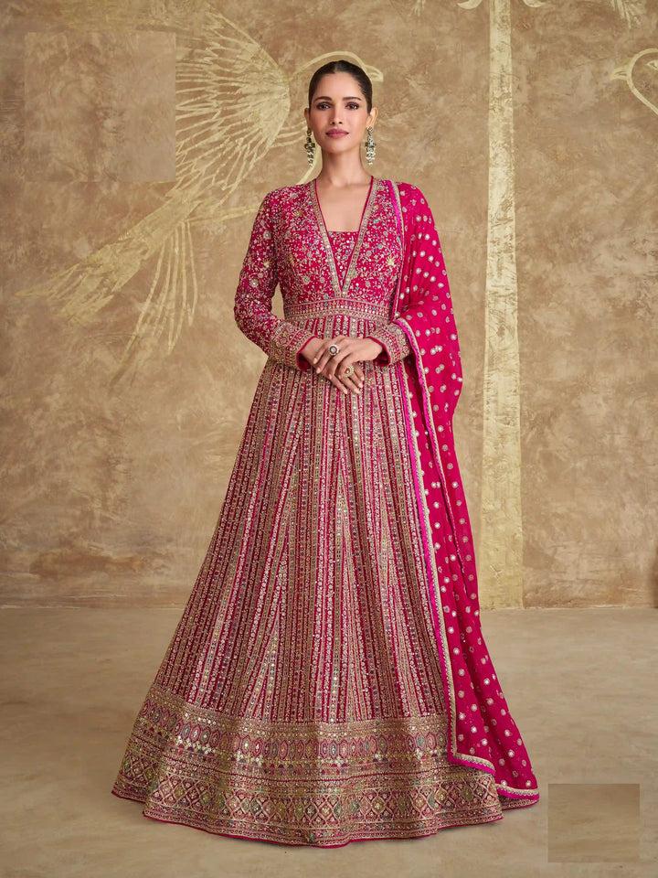 Designer Bright Pink Anarkali Suit | Georgette Dupatta Party Wear Dress