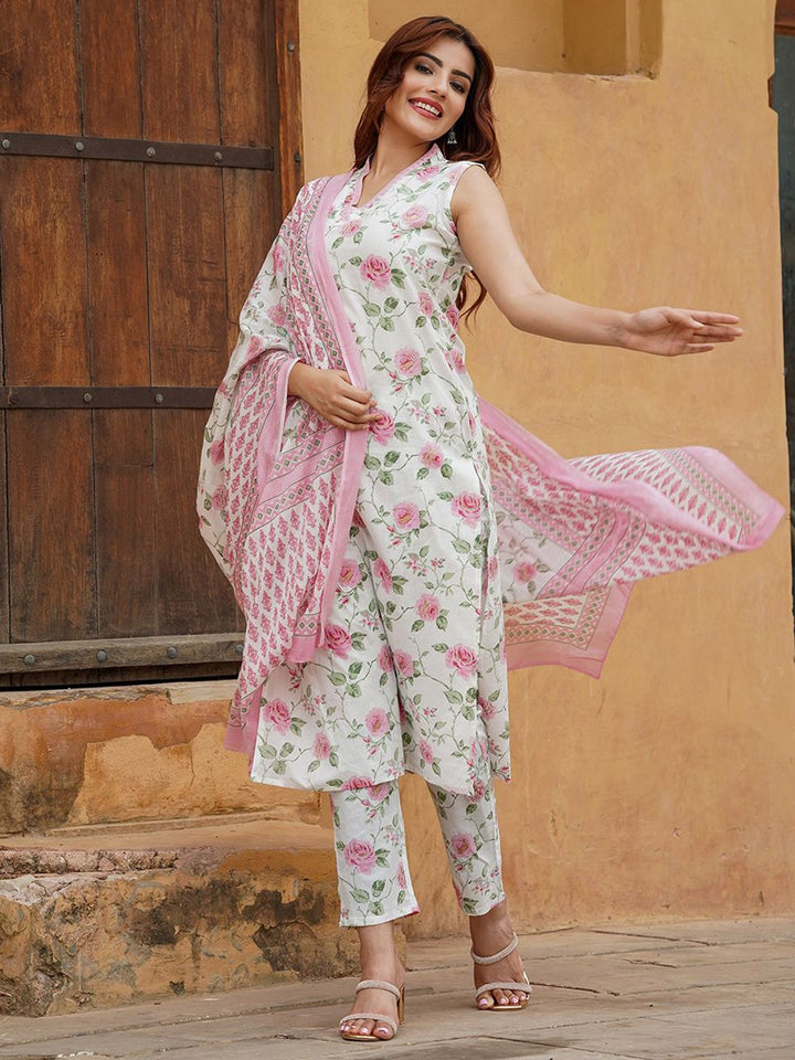 Beautiful Floral Lace Work Suit | Cotton Slub & Chanderi Dupatta Premium Designer
