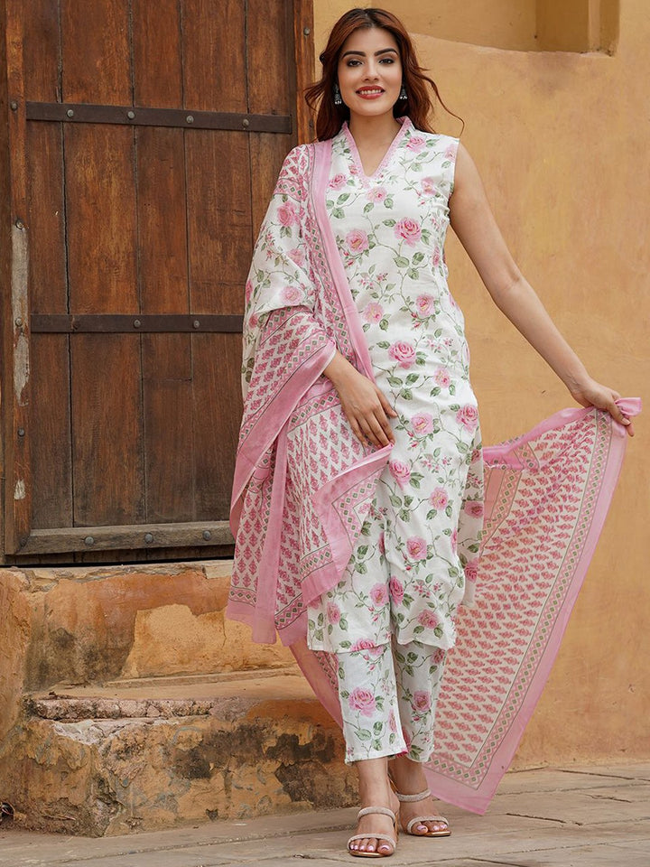 Beautiful Floral Lace Work Suit | Cotton Slub & Chanderi Dupatta Premium Designer