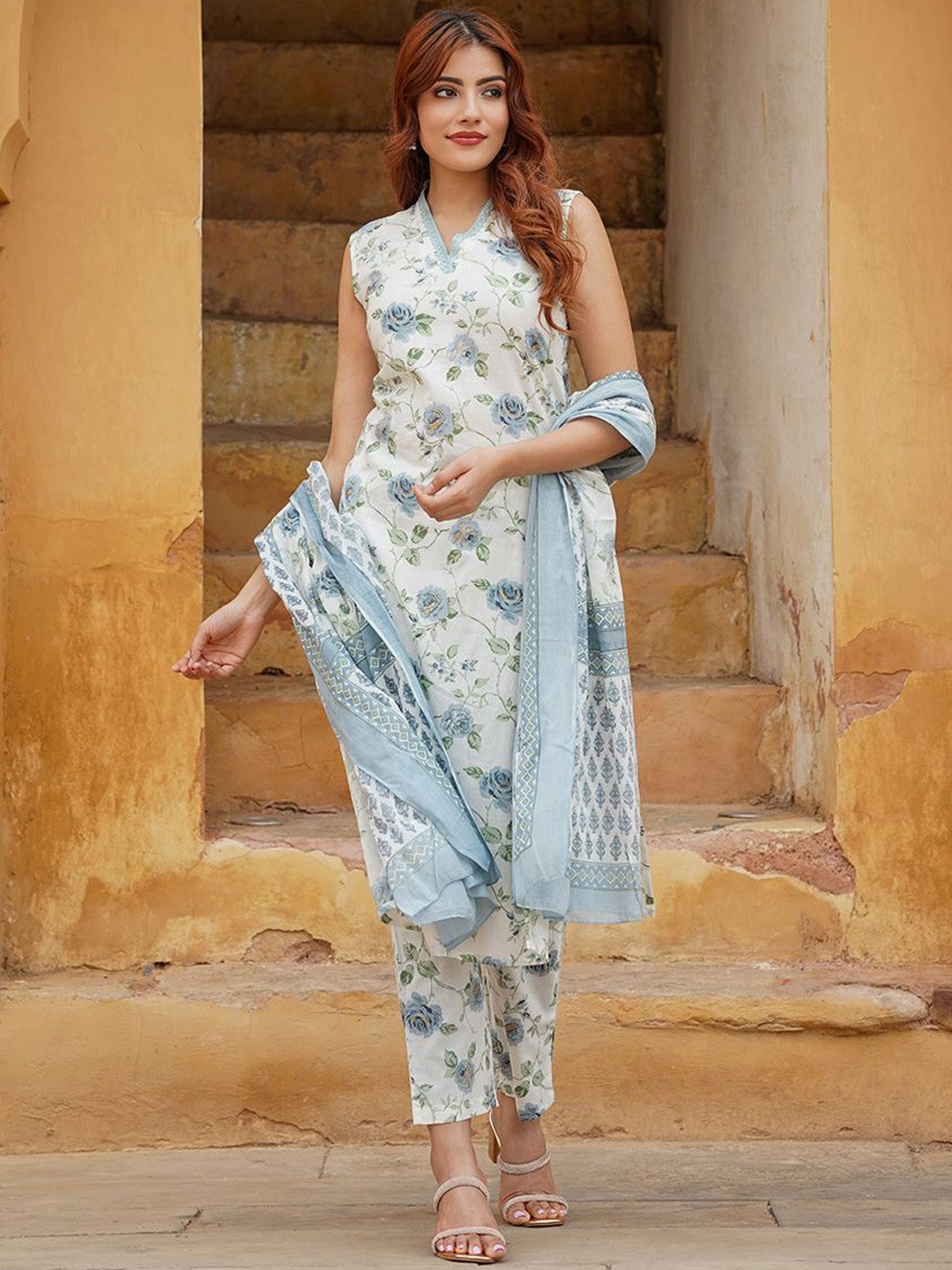 Beautiful Floral Lace Work Suit | Cotton Slub & Chanderi Dupatta Premium Designer
