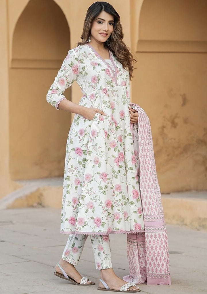 Stylish Pink Suit | Lace Work & Printed Design Cotton Slub Fabric