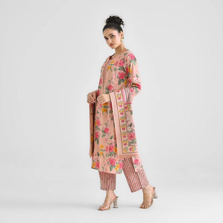 Gorgeous Peach Suit | Digital Print & Lace Work on Rayon Slub