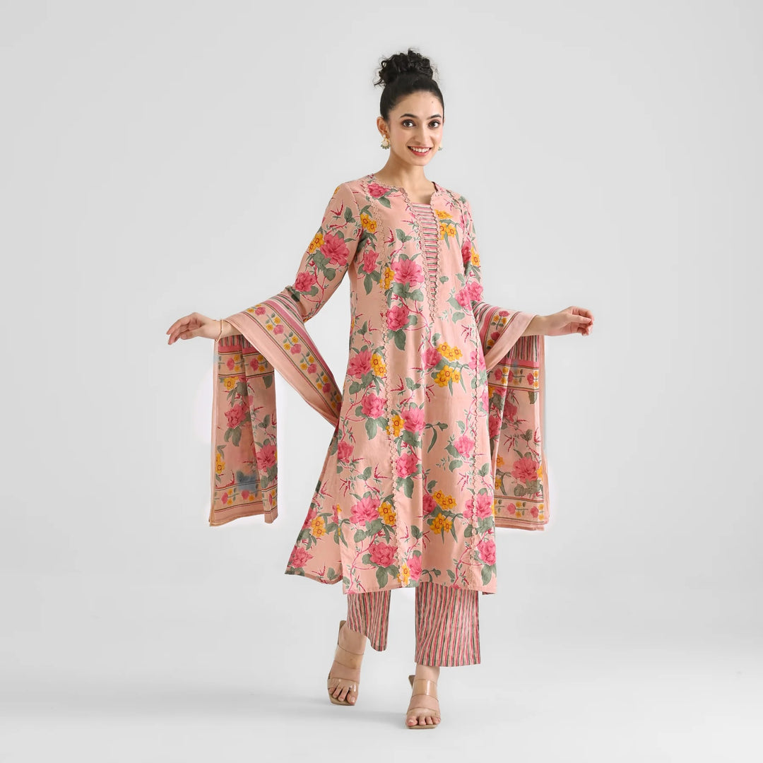 Gorgeous Peach Suit | Digital Print & Lace Work on Rayon Slub