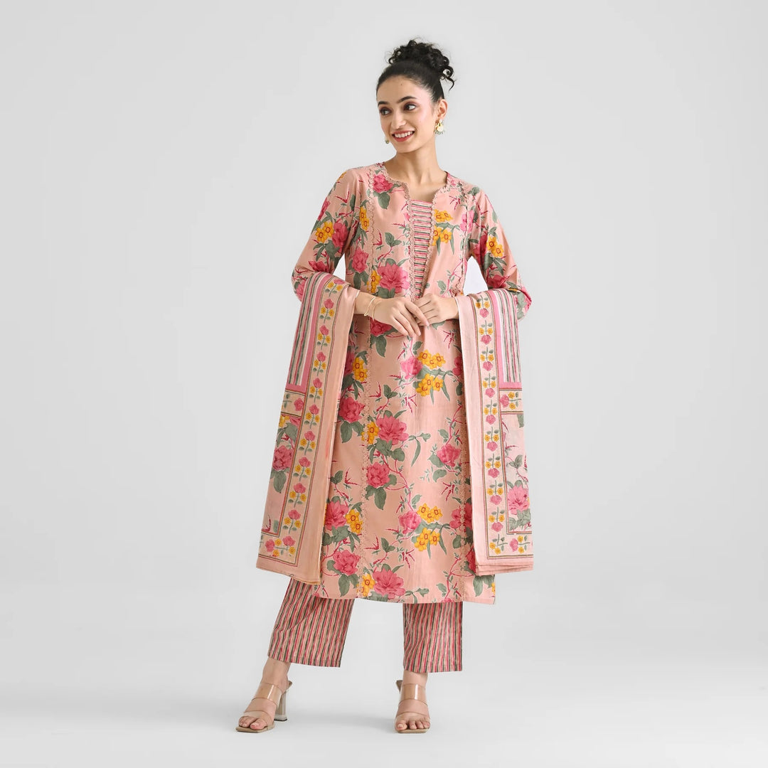 Gorgeous Peach Suit | Digital Print & Lace Work on Rayon Slub