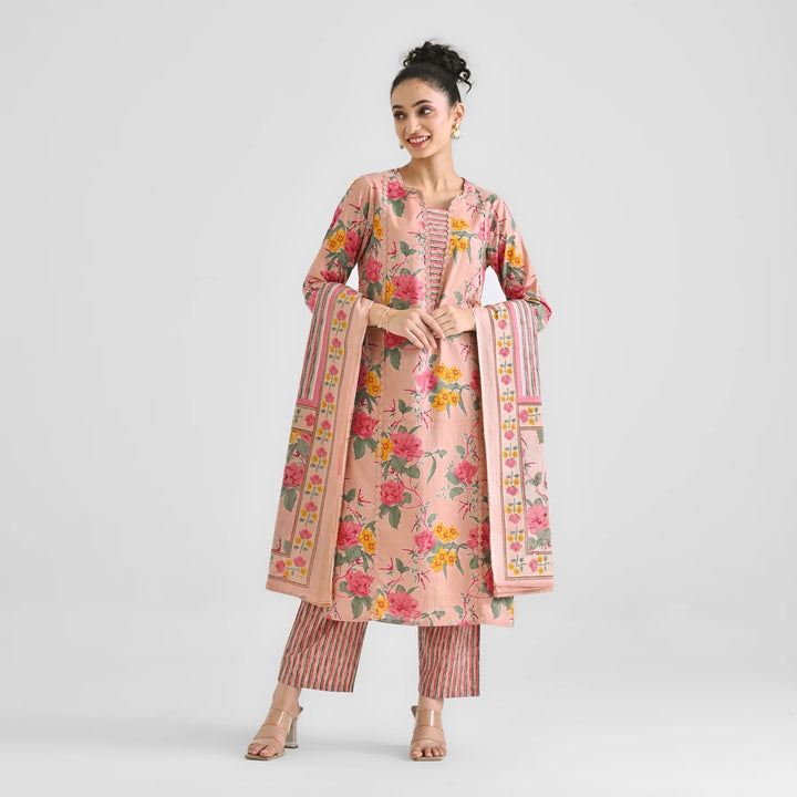 Gorgeous Peach Suit | Digital Print & Lace Work on Rayon Slub