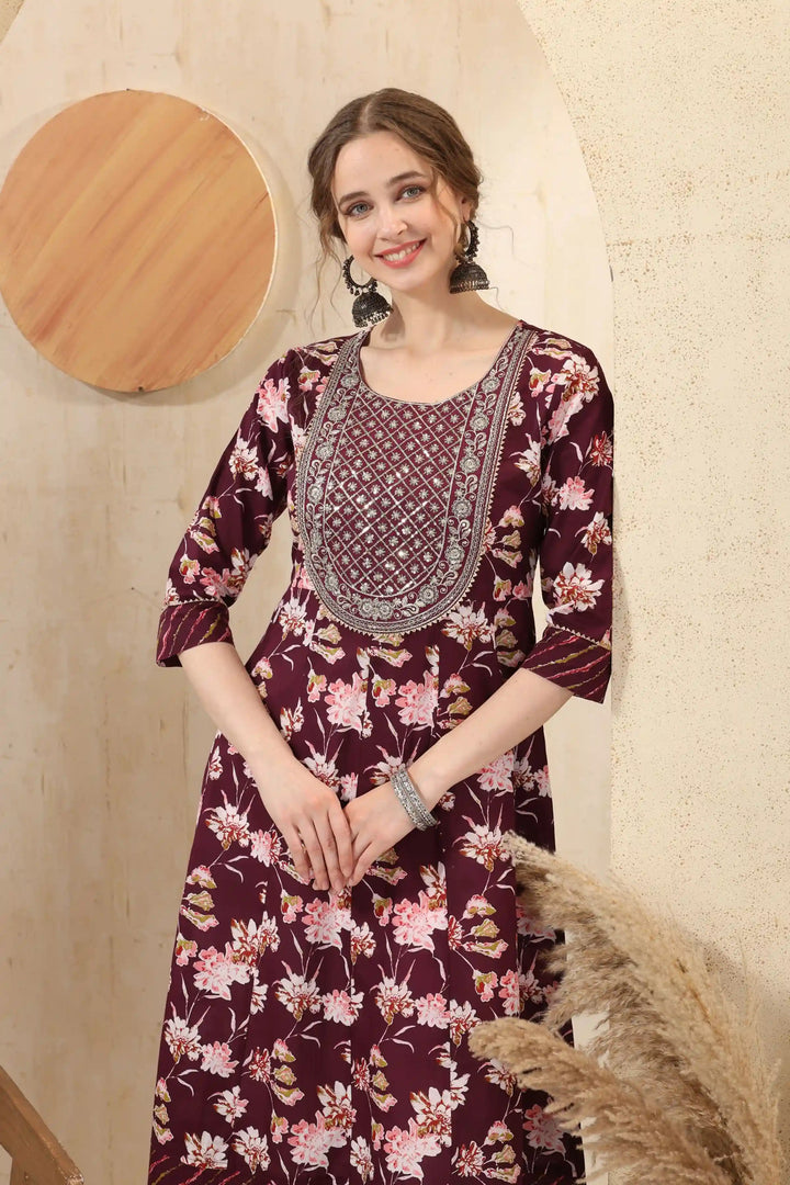 Wine Cotton Long Kurti | Designer Printed & Sequins Embroidery Work