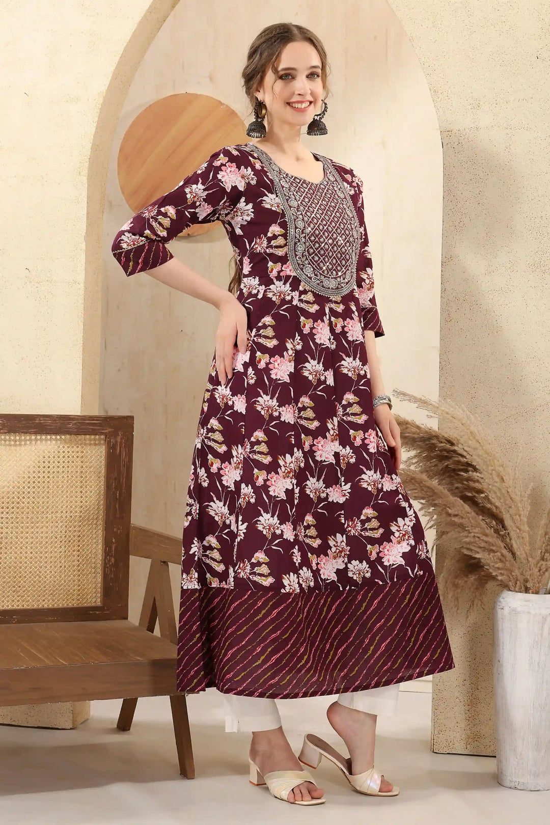 Wine Cotton Long Kurti | Designer Printed & Sequins Embroidery Work